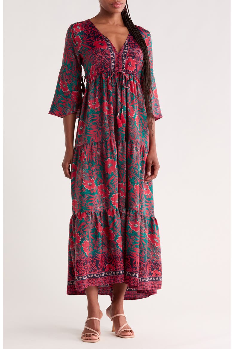 Three Quarter Sleeve Maxi Dress, Main, color, RED/ GREEN
