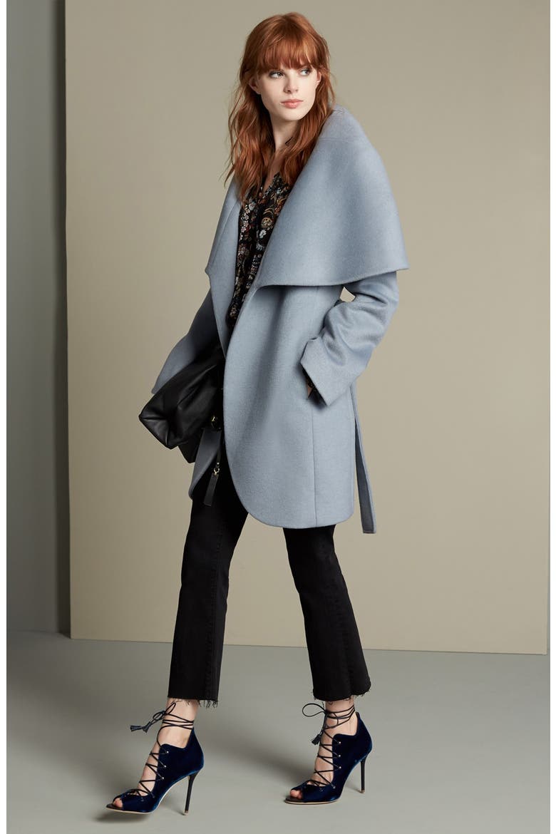 T Tahari Wool Blend Belted Wrap Coat, Alternate, color, PALE BLUE