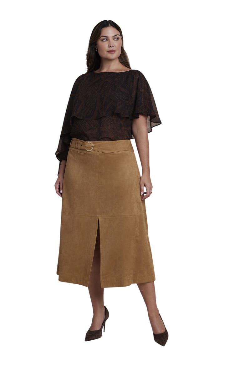 Belted Faux Suede Midi Skirt (plus), Alternate, color, BROWN