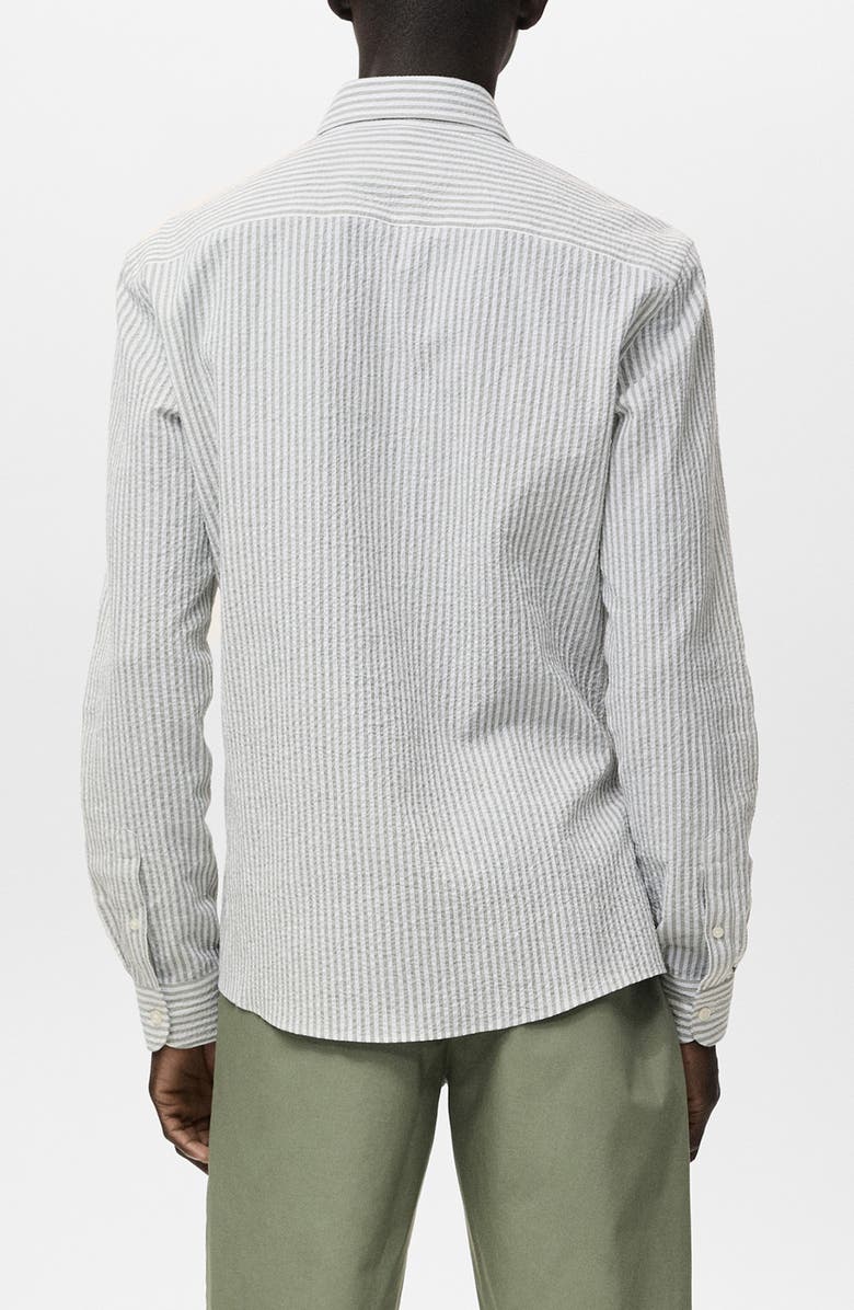 MANGO Stripe Stretch Cotton Seersucker Button-Up Shirt, Alternate, color, Dark Green Stripes