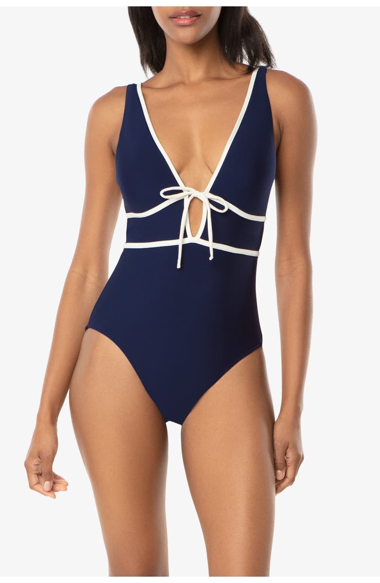 HELEN JON Plunge Front Tie One-Piece, Main, color, Navy Ivory