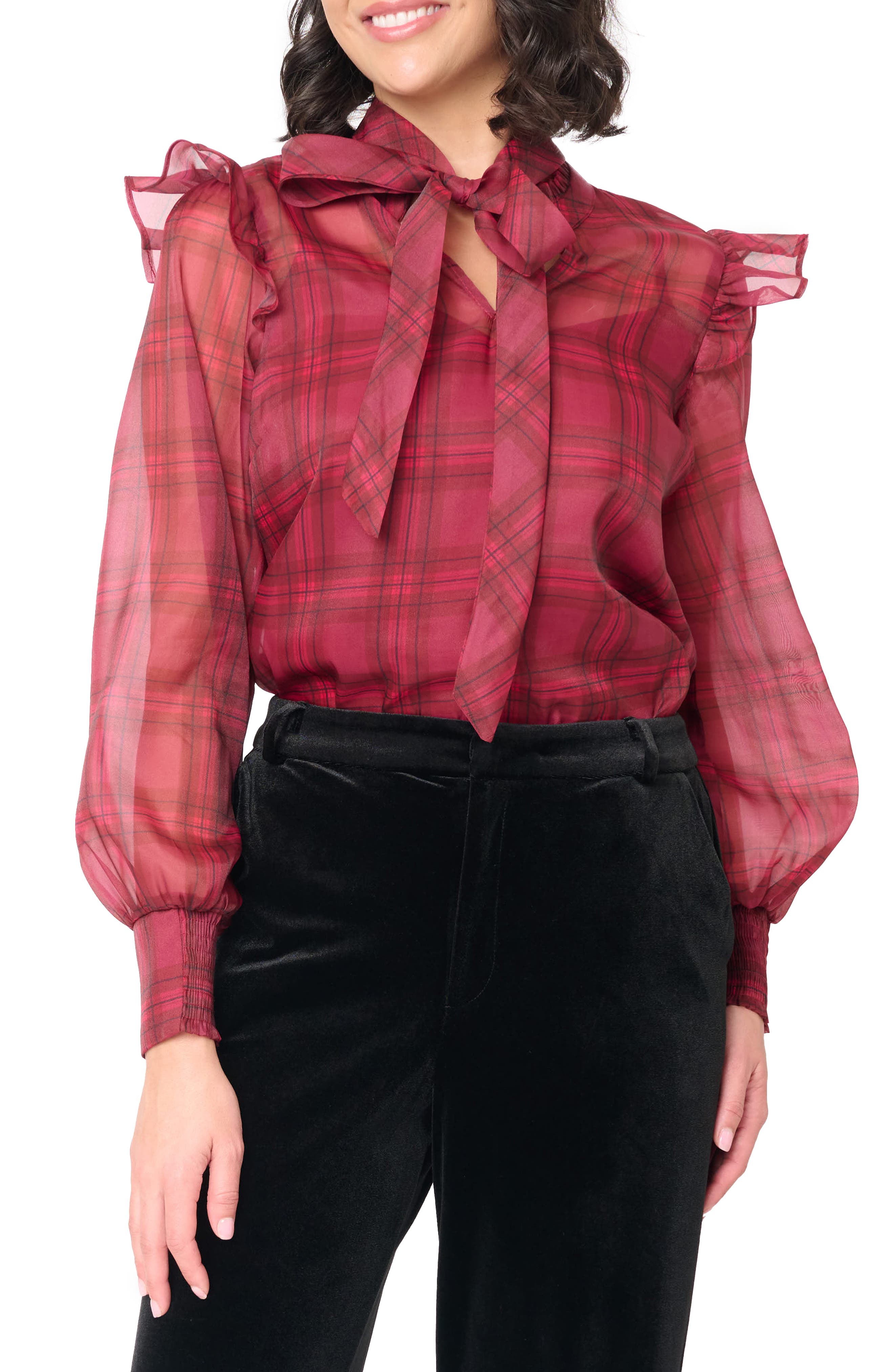 Festive Plaid Ruffle Organza Shirt