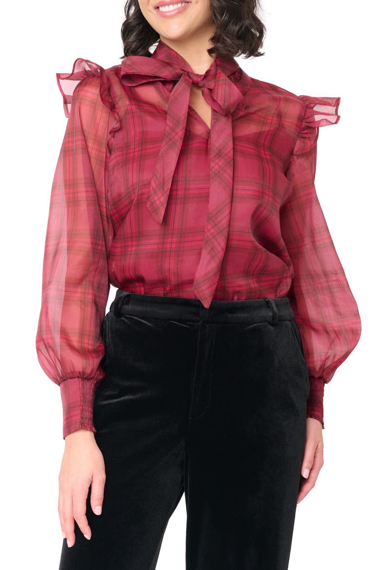 Festive Plaid Ruffle Organza Shirt, Main, color, MULBERRY WINE PLAID