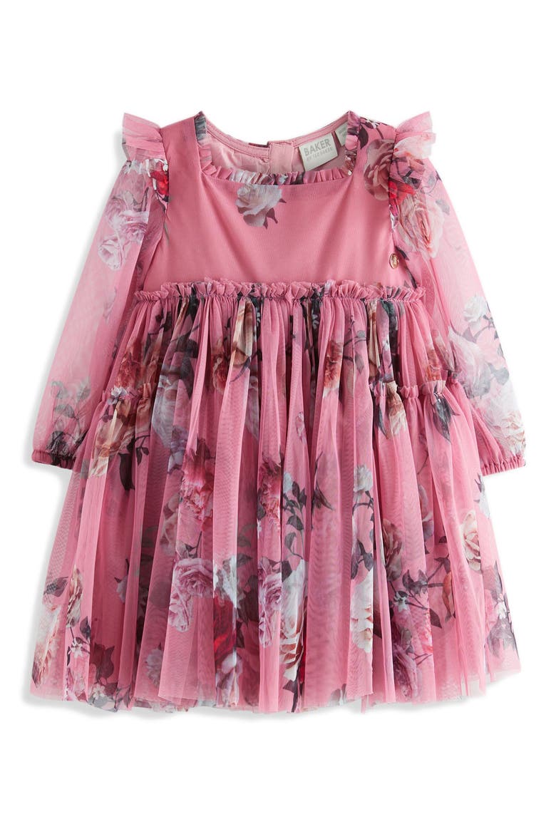 Kids' Valentina Floral Print Tulle Dress, Main, color, PINK