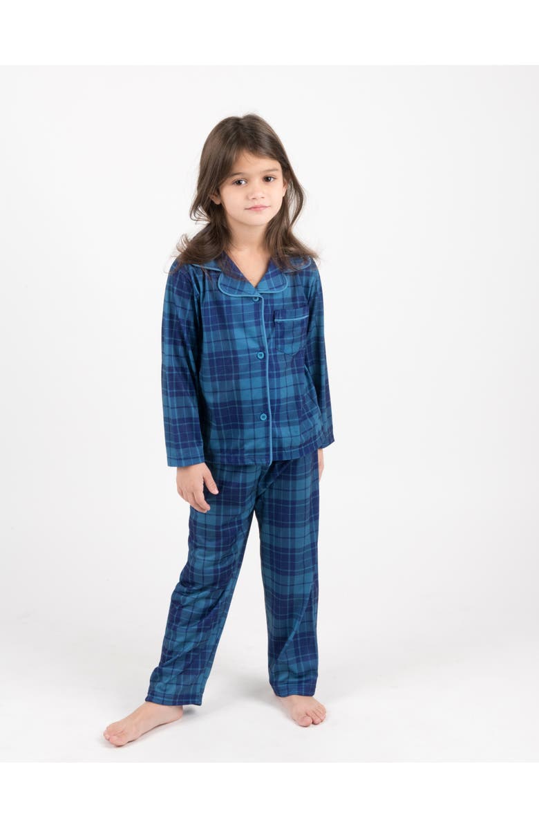 Leveret Kids Button-Front Flannel Printed Holiday Pajama Set, Alternate, color, Plaid Blue & Navy