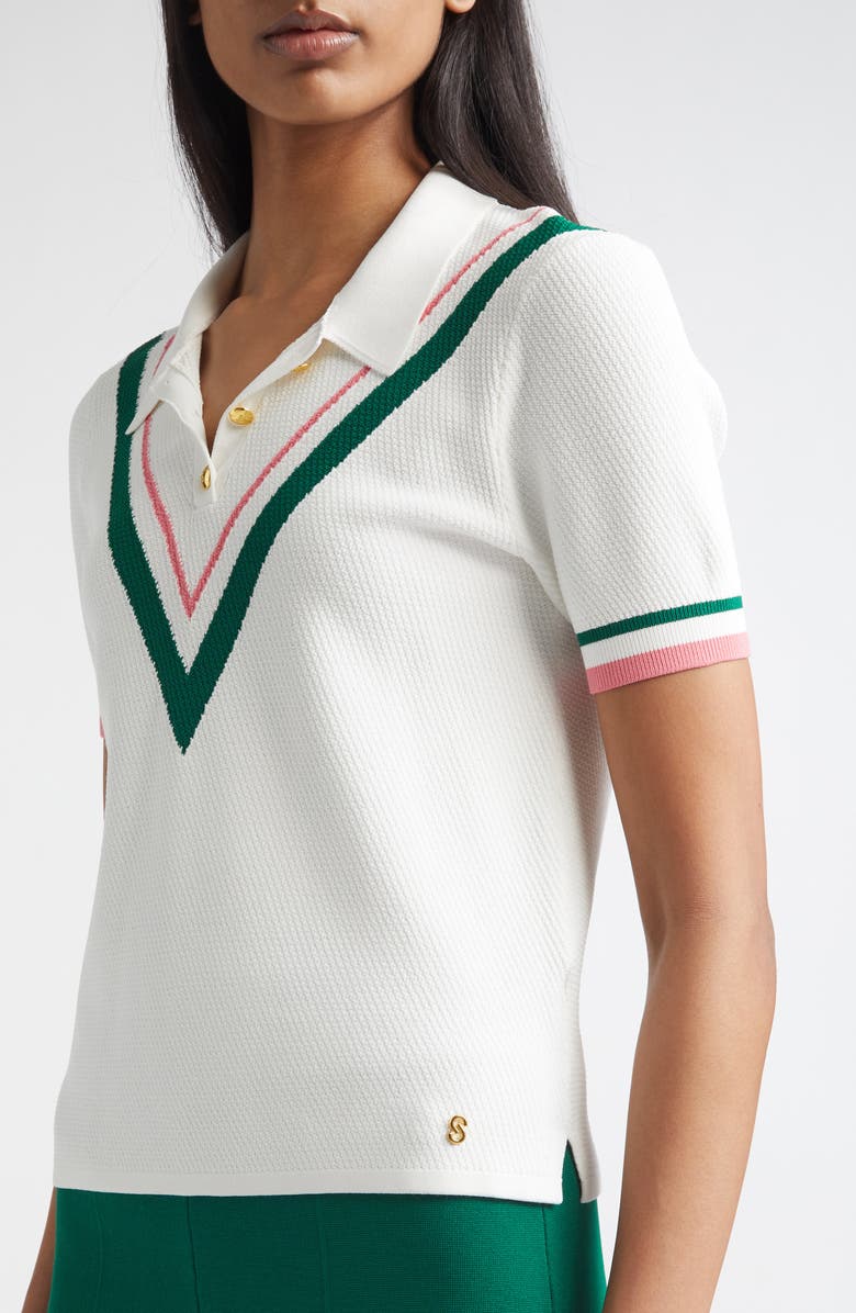 ST. JOHN Diagonal Texture V-Stripe Polo Sweater, Alternate, color, Bright White Multi