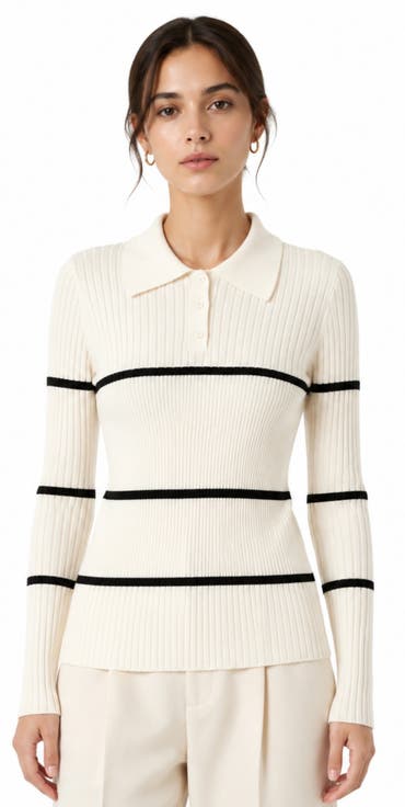 Ribbed Contrast Stripe Polo Sweater