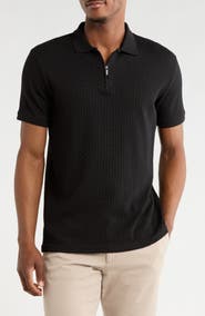 DENIM AND FLOWER Textured Cotton Blend Quarter Zip Polo