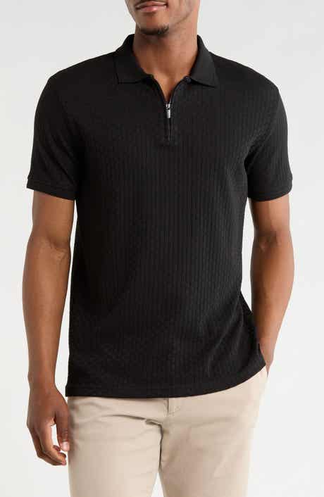 DENIM AND FLOWER Textured Cotton Blend Quarter Zip Polo