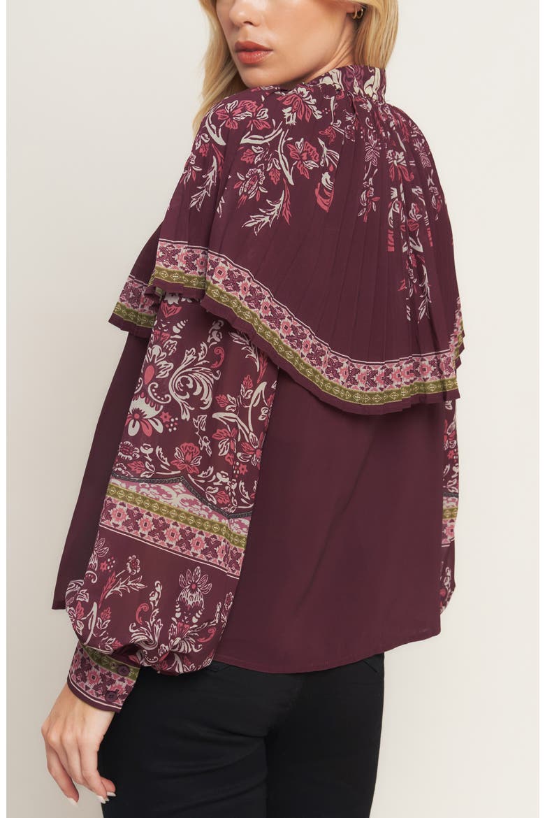 Pleated Cape Tie Neck Shirt, Alternate, color, BURGUNDY