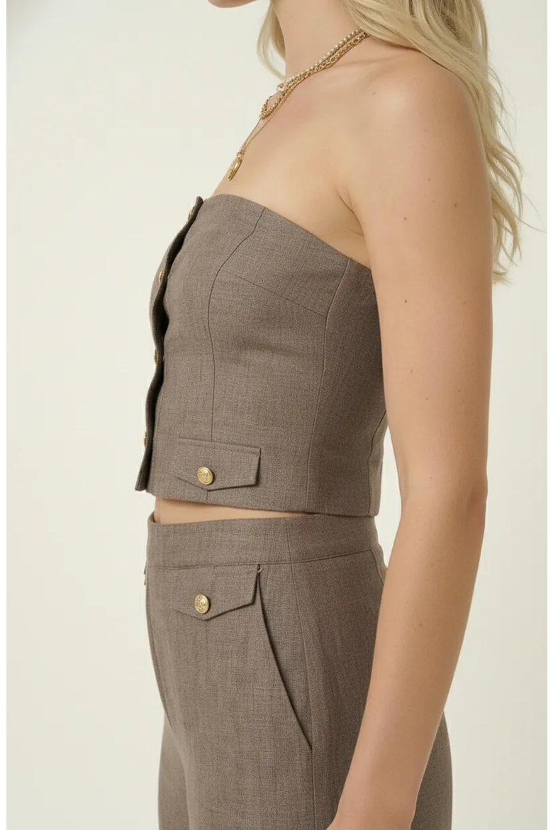 Strapless Button-Front Crop Top and Wide-Leg Pants Two-Piece Set, Alternate, color, Grey