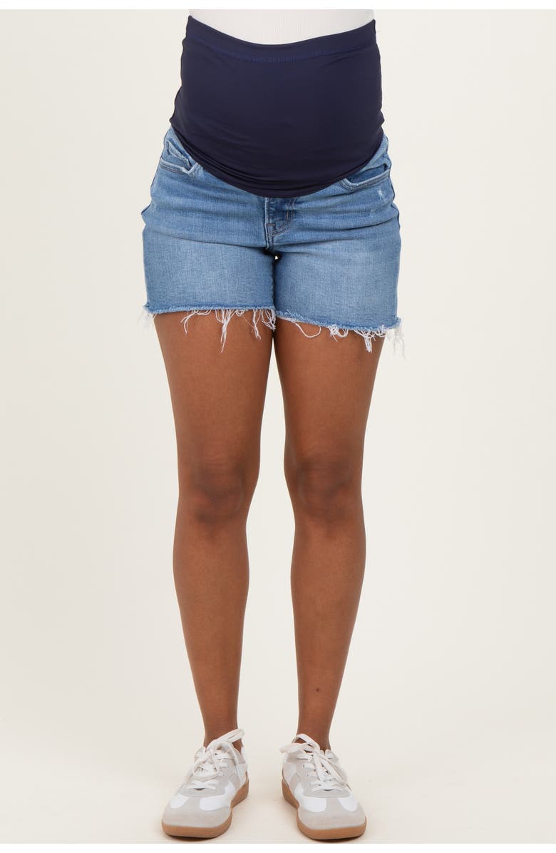 PinkBlush Distressed Raw Hem Maternity Denim Shorts, Alternate, color, Blue