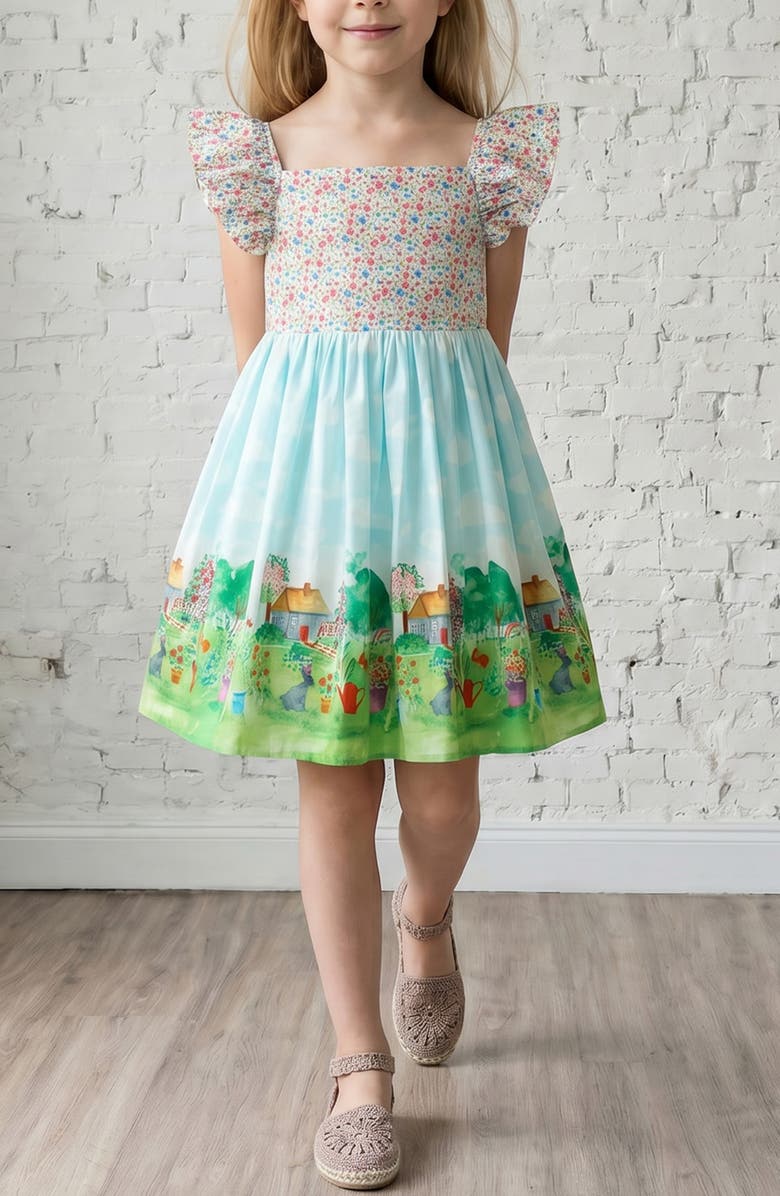 Pippa & Julie Kids' Scenic Border Print Dress, Alternate, color, Multi