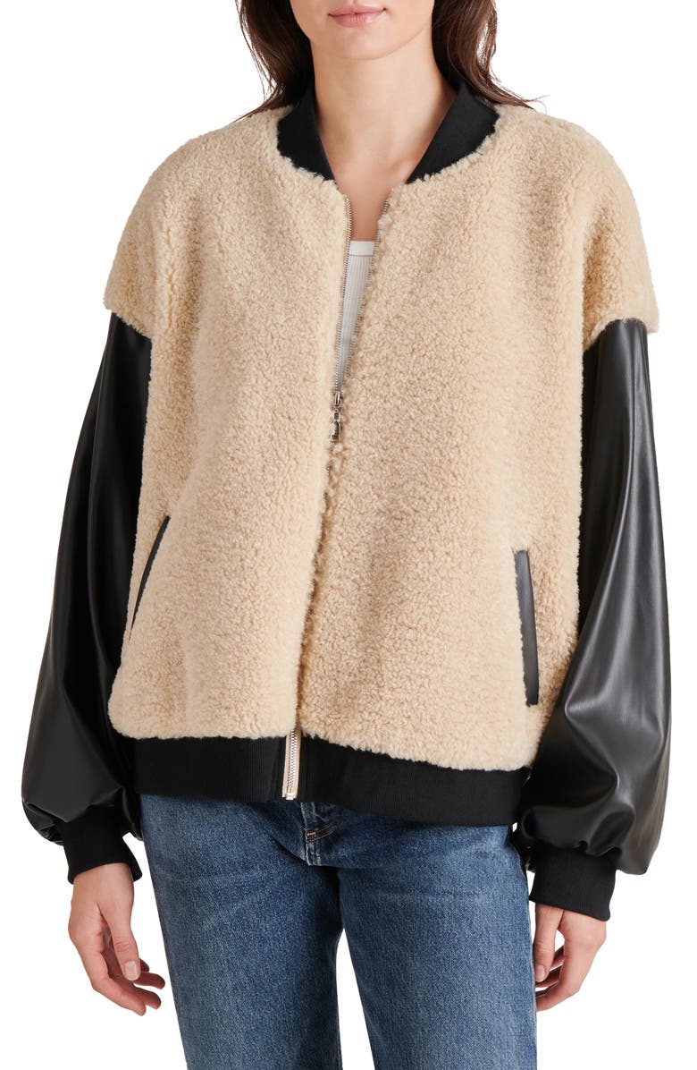 Steve Madden Faux Shearling & Faux Leather Bomber Jacket, Main, color, 