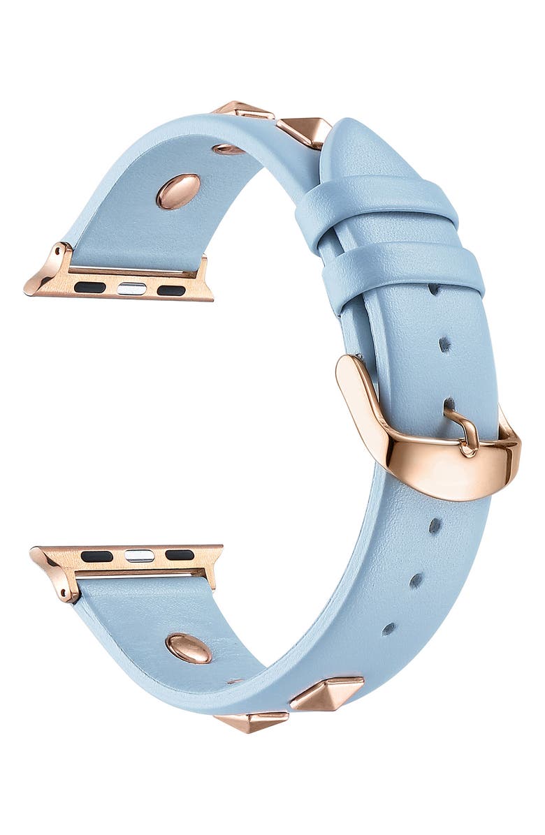 The Posh Tech Rebel Studded Leather Apple Watch<sup>®</sup> Watchband, Alternate, color, Light Blue/ Rose Gold