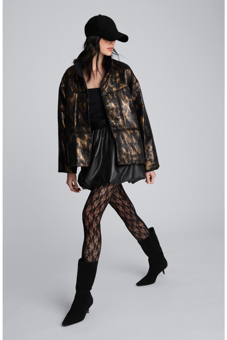 Animal Print Foiled Satin Seamed Puffer Jacket, Alternate, color, BLACK/ MARSH BROWN