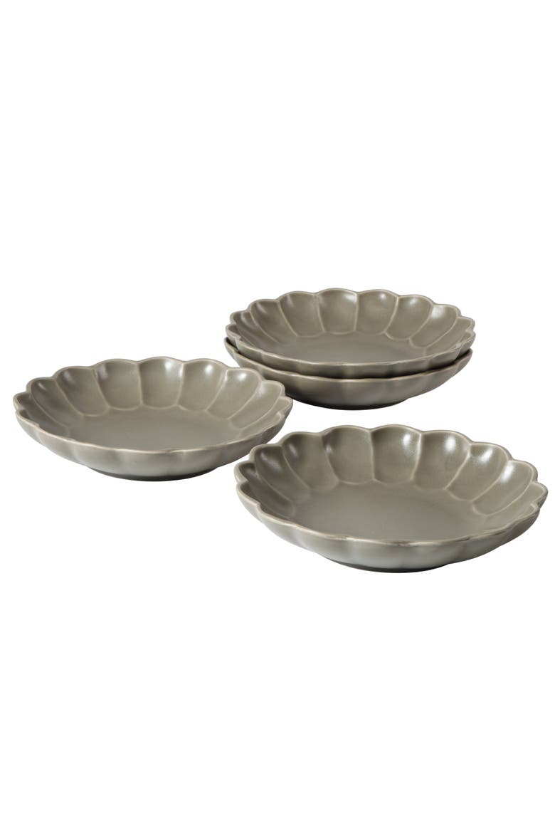 Yuelu Bloom 4 Piece Dinner Bowl Set, 9-inch Embossed Scallop Stoneware Bowls, Reactive Glaze, Large Soup, Pasta & Salad Bowls, Alternate, color, Olive Stone
