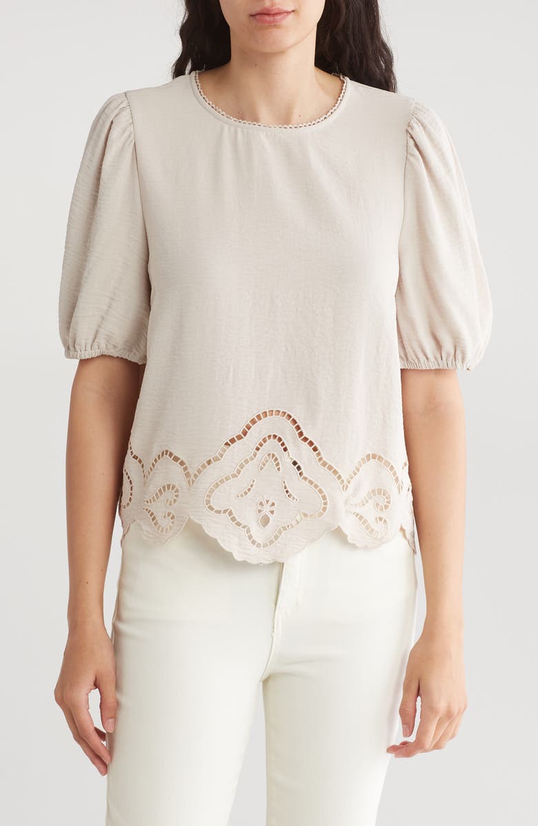 Adrianna Papell Eyelet Border Woven Top, Main, color, Pebble