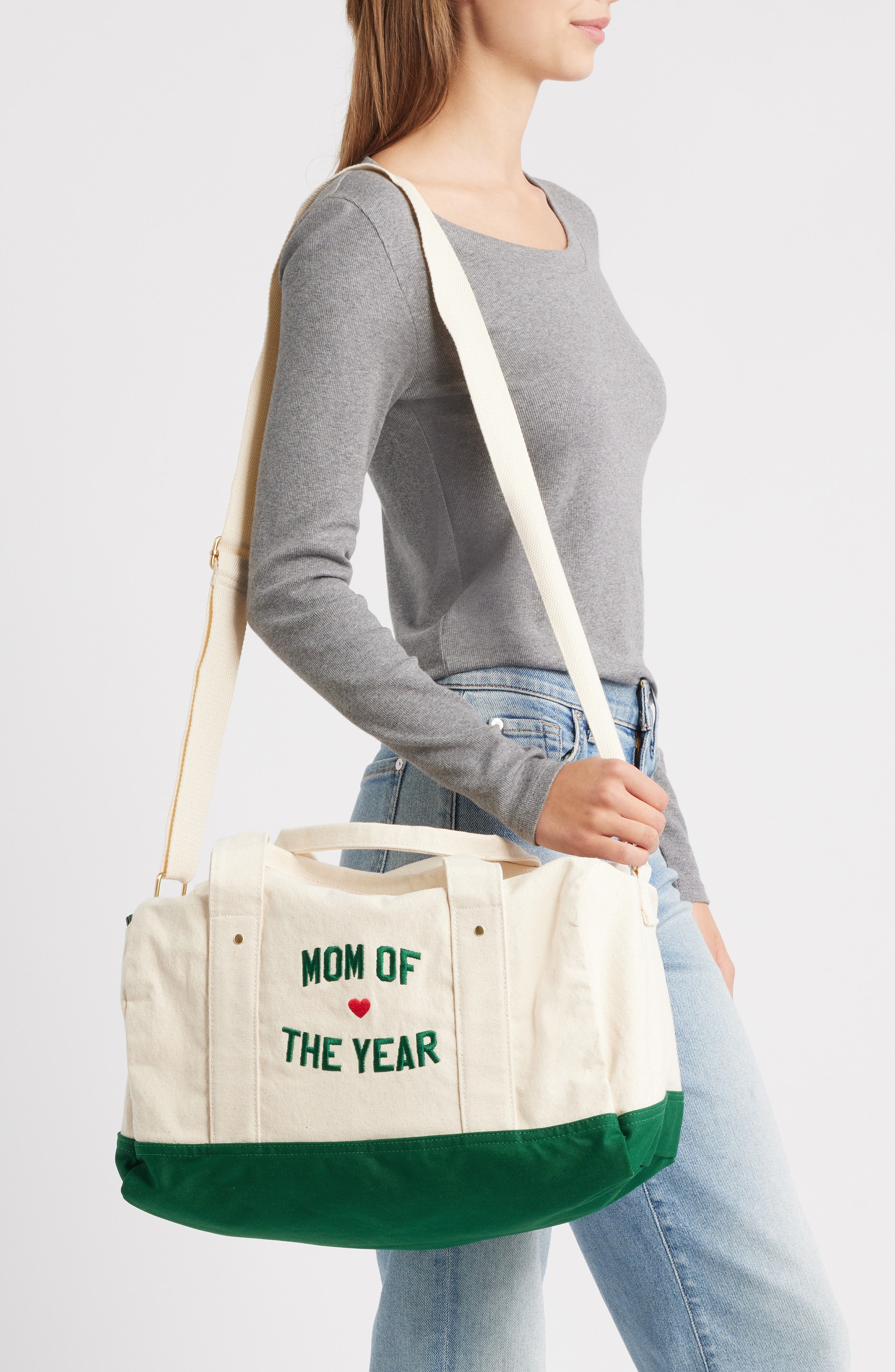 Favorite Daughter Mom of the Year Embroidred Canvas Duffle Bag, Alternate, color, 