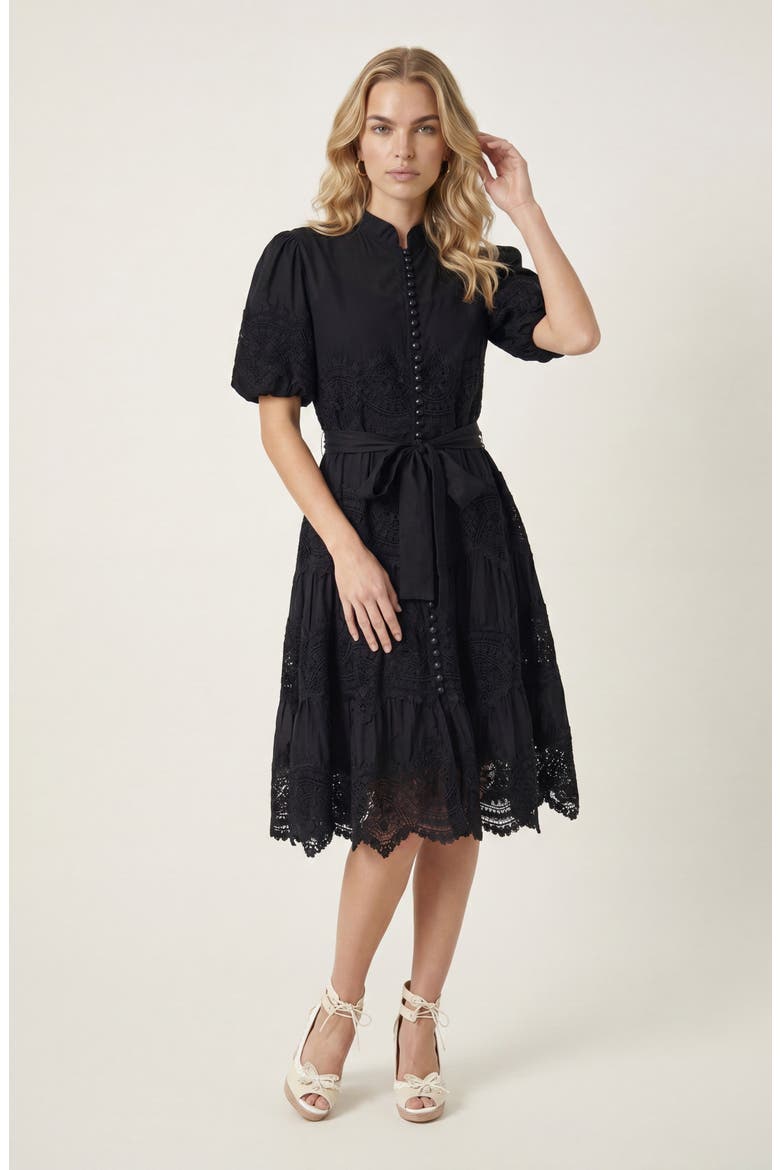 Lace Trim Puff Sleeve Midi Dress with Waist Tie, Main, color, Black