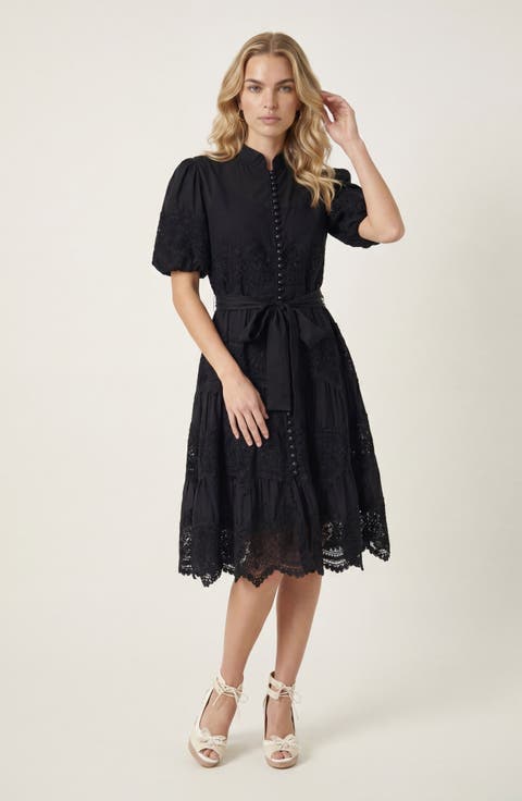 Lace Trim Puff Sleeve Midi Dress with Waist Tie