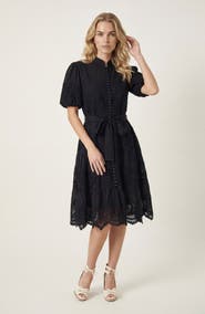 Modenaire Lace Trim Puff Sleeve Midi Dress with Waist Tie