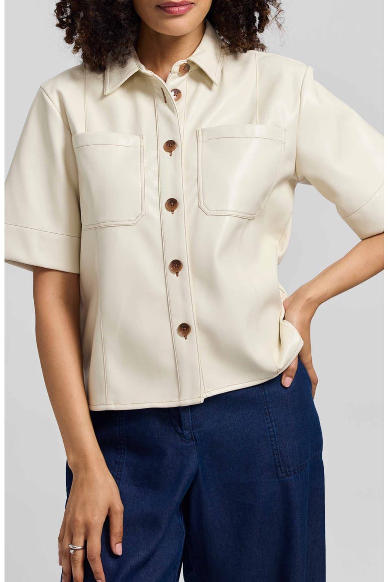 Demi Elbow Sleeve Faux Leather Button-Up Shirt, Main, color, CREAM IVORY