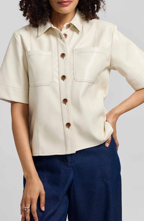 Demi Elbow Sleeve Faux Leather Button-Up Shirt