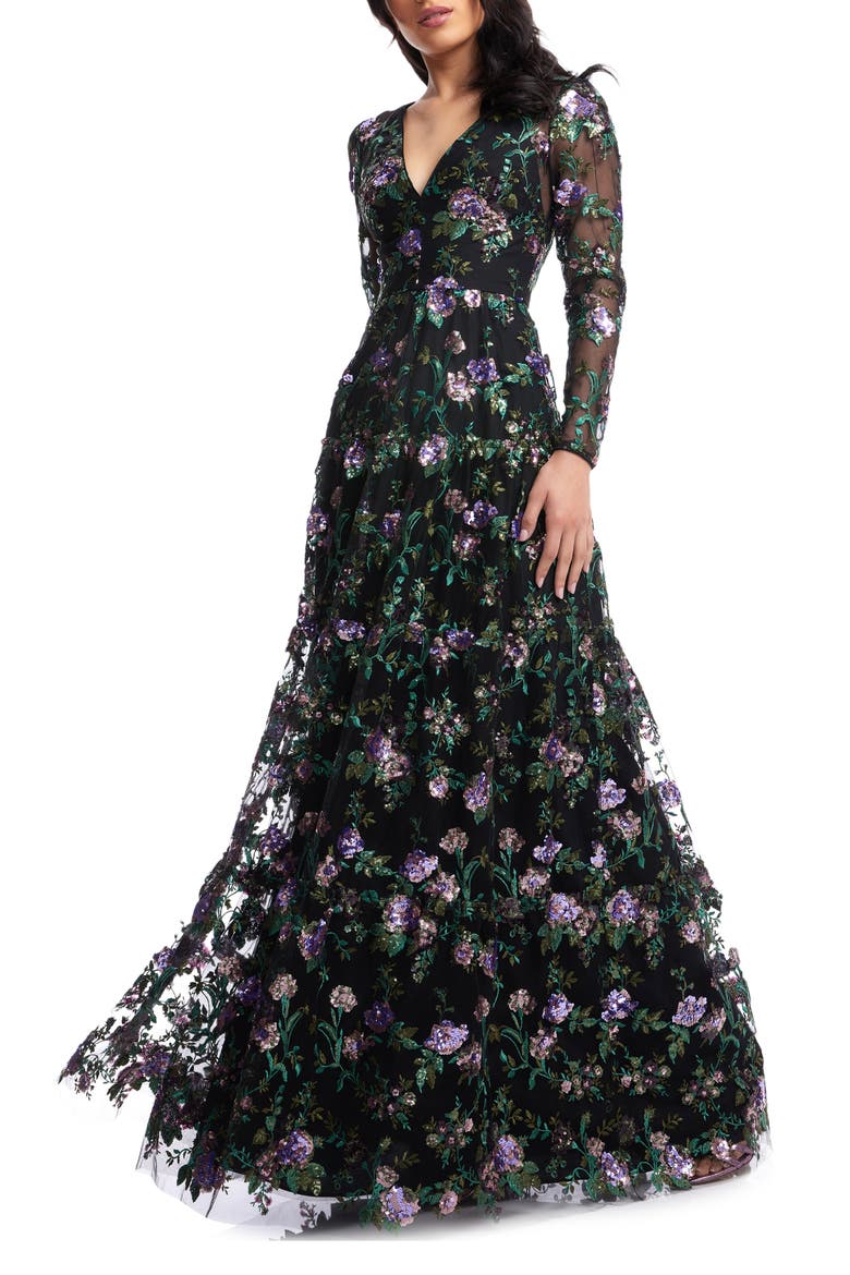 Angelina Sequin Floral Embroidery Long Sleeve Gown, Alternate, color, BLACK MULTI
