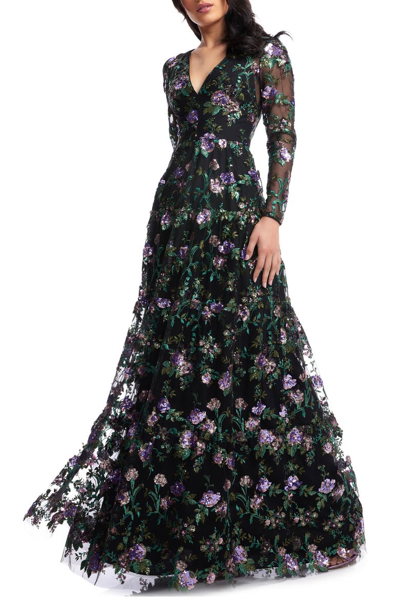 Dress the Population Angelina Sequin Floral Embroidery Long Sleeve Gown, Alternate, color, Black Multi