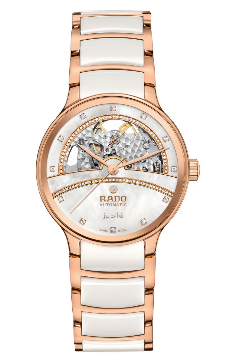 RADO Centrix Open Heart Superjubile Diamond Bracelet Watch, 35mm, Main, color, White