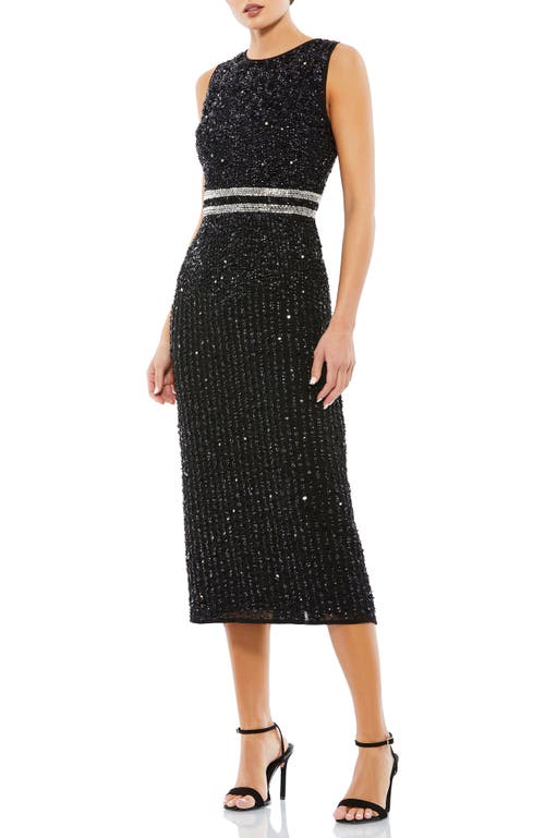 Mac Duggal Sleeveless High Neck Beaded Midi Sheath Dress In Black