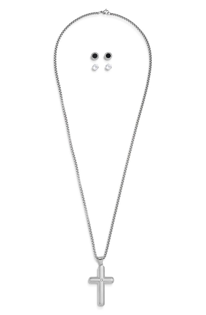 AMERICAN EXCHANGE Men's Cross Pendant Necklace & Stud Earrings Set, Main, color, 