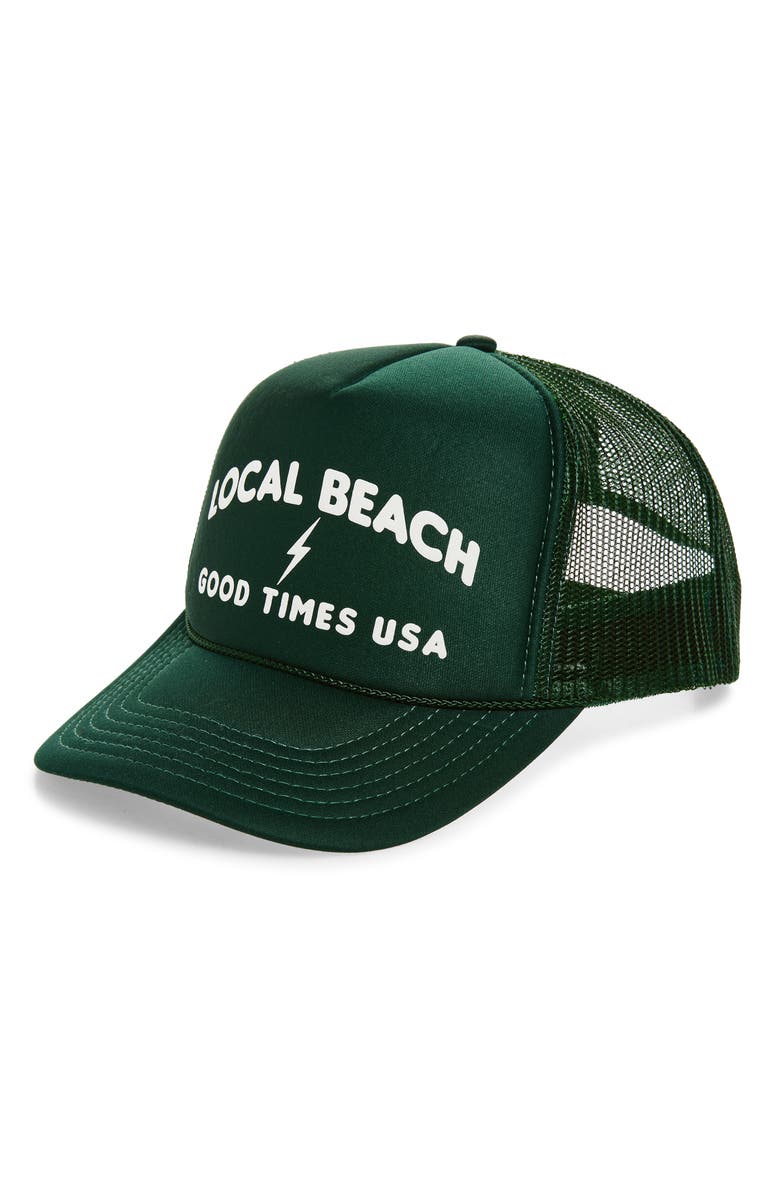 Local Beach Good Times USA Trucker Hat, Main, color, Dark Green