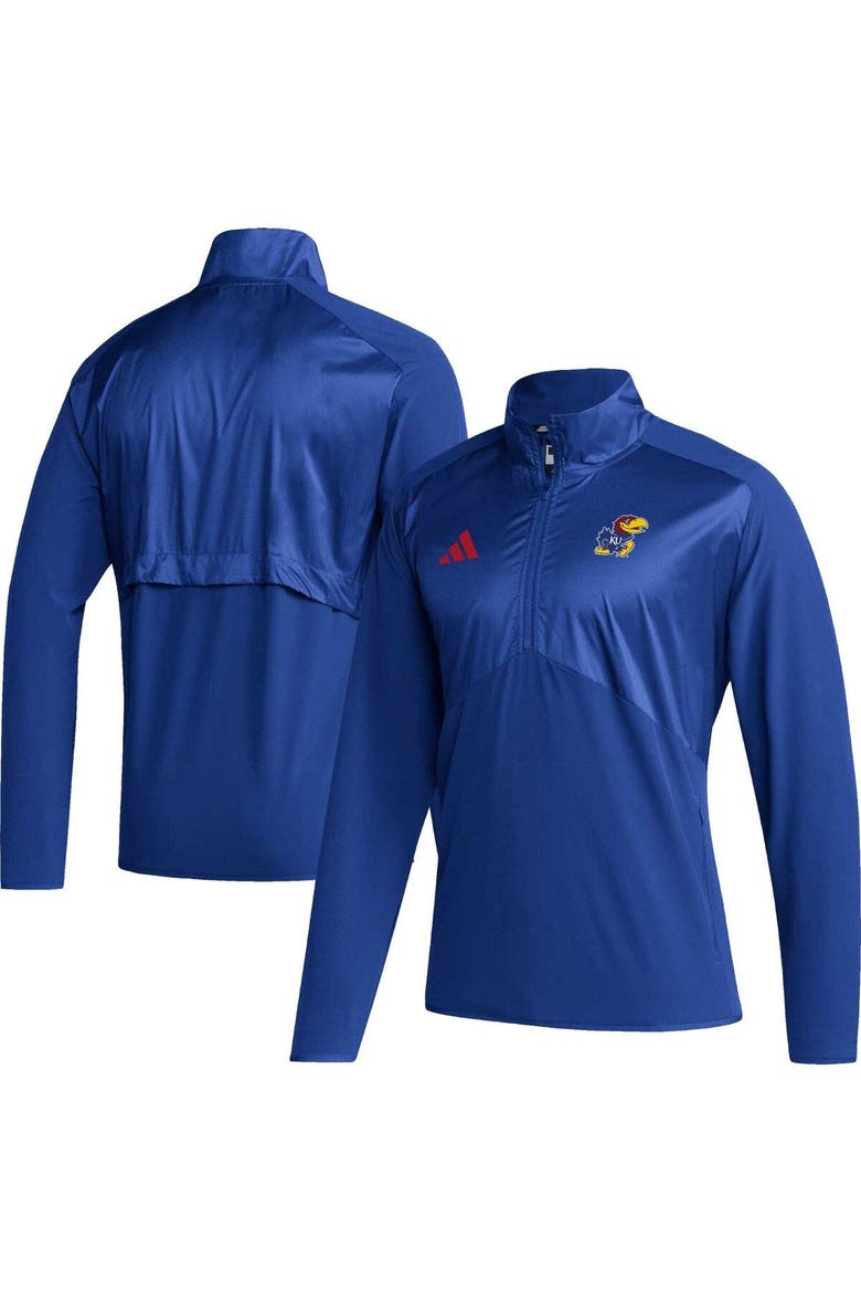 Men's adidas Royal Kansas Jayhawks Sideline AEROREADY Raglan Sleeve Quarter-Zip Jacket, Main, color, Royal
