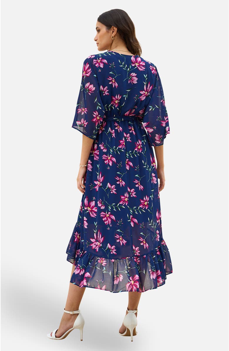 Yumi Floral Kimono Wrap Dipped Hem Midi Dress, Alternate, color, Navy