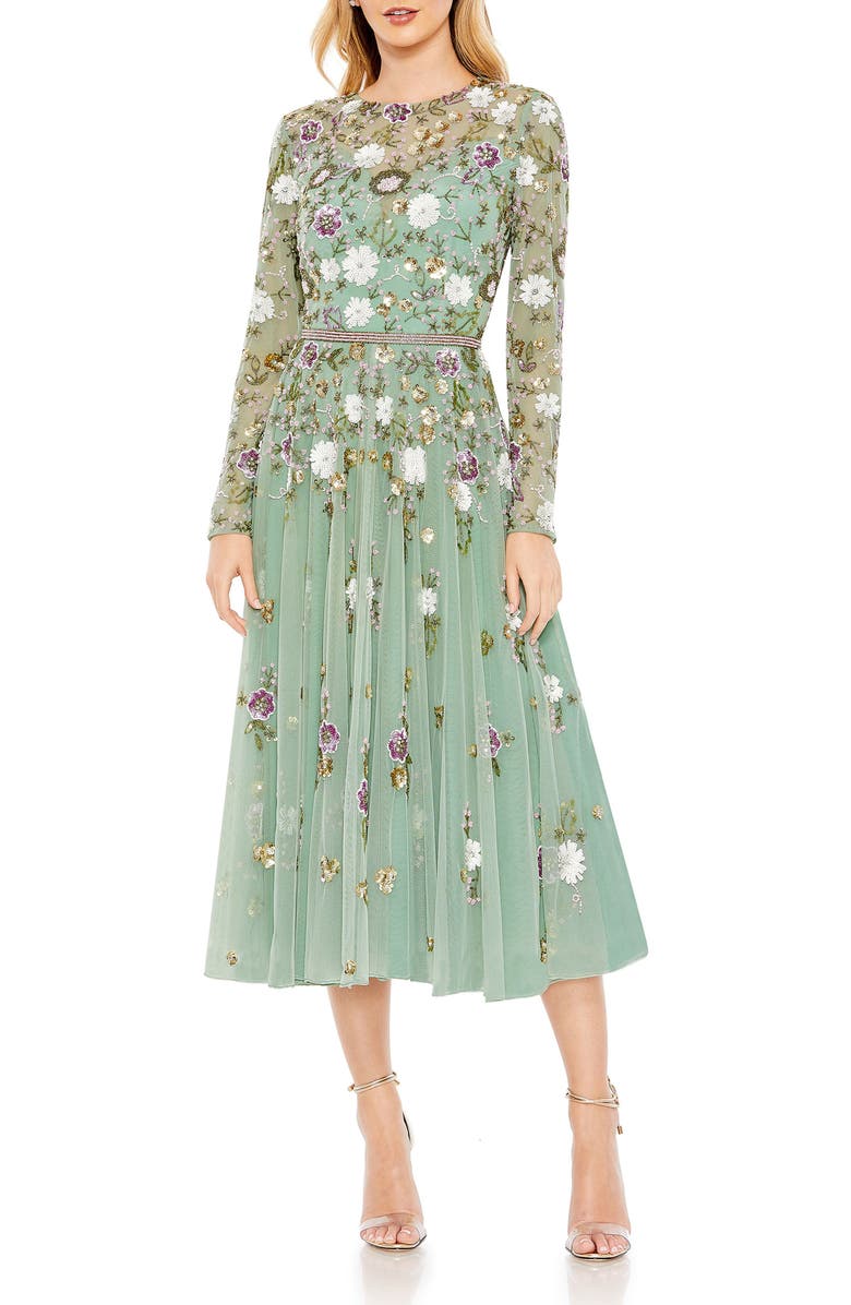 Mac Duggal Sequined Floral Long Sleeve High Neck Midi Dress, Main, color, Sage Multi