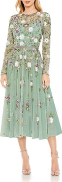 Mac Duggal Sequined Floral Long Sleeve High Neck Midi Dress
