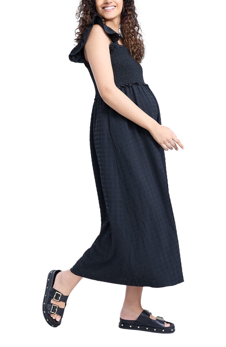 MOTHERHOOD MATERNITY Sleeveless Ruffle Shoulder Smocked Maxi Dress, Alternate, color, Black