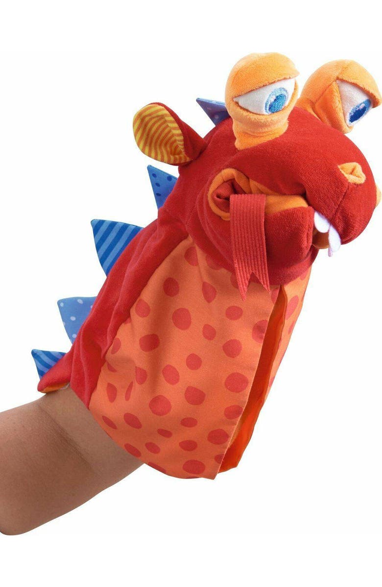 HABA Glove Puppet Eat it Up Dragon - Hand Puppet That Eats Small Objects, Perfect Toddler Toys for Ages 2-4, Sensory Hand Puppets, Preschool Toys, Alternate, color, Red Multi