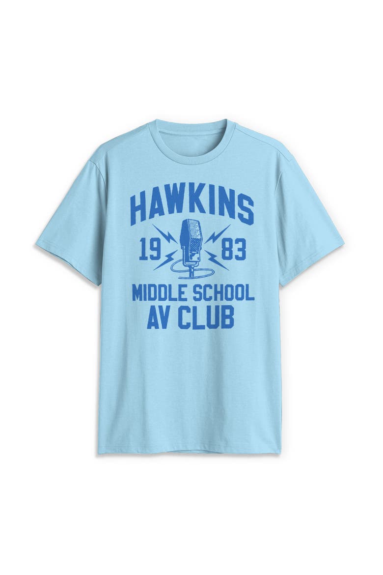 Netflix Men's Stranger Things Hawkins AV Club 1983 Graphic T-Shirt, Alternate, color, Light Blue