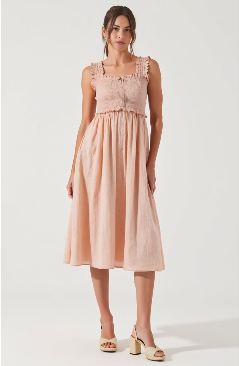 Modenaire Smocked Button-Front Ruffle-Strap Midi Dress, Main, color, Light Pink