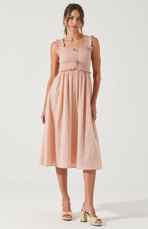 Smocked Button-Front Ruffle-Strap Midi Dress
