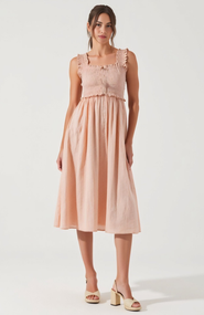 Modenaire Smocked Button-Front Ruffle-Strap Midi Dress