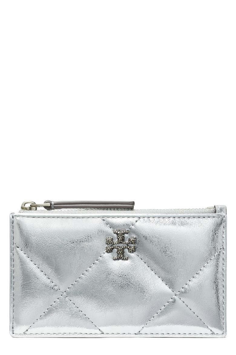Kira Diamond Quilted Leather Zip Wallet, Main, color, SILVER