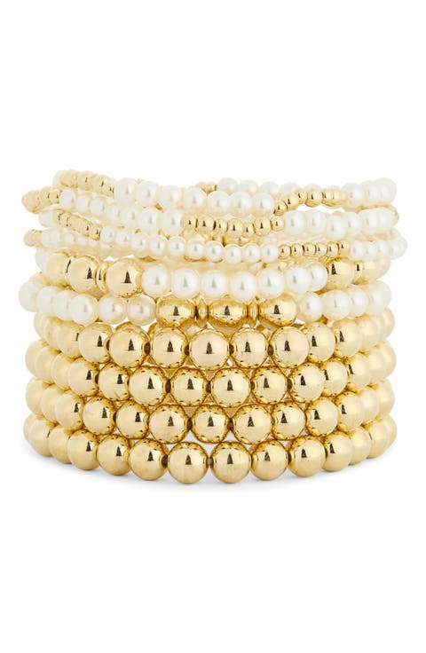Set of 10 Faux Pearl Beaded Bracelets