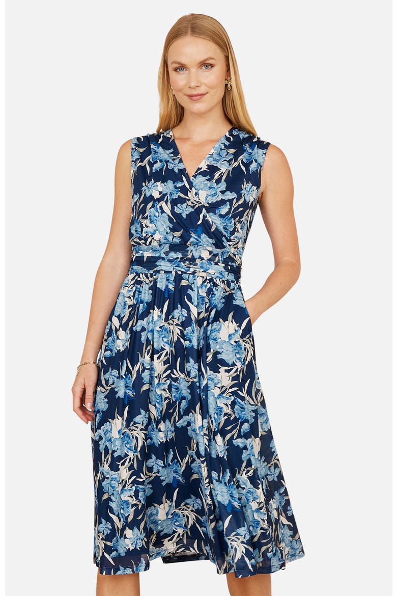 Floral Wrap V Neck Midi Skater Dress, Alternate, color, Blue