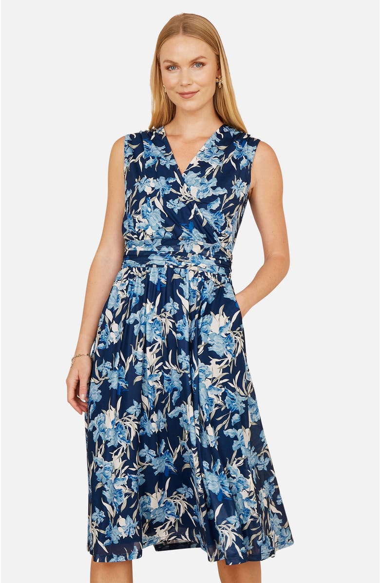 Yumi Floral Wrap V Neck Midi Skater Dress, Alternate, color, Blue
