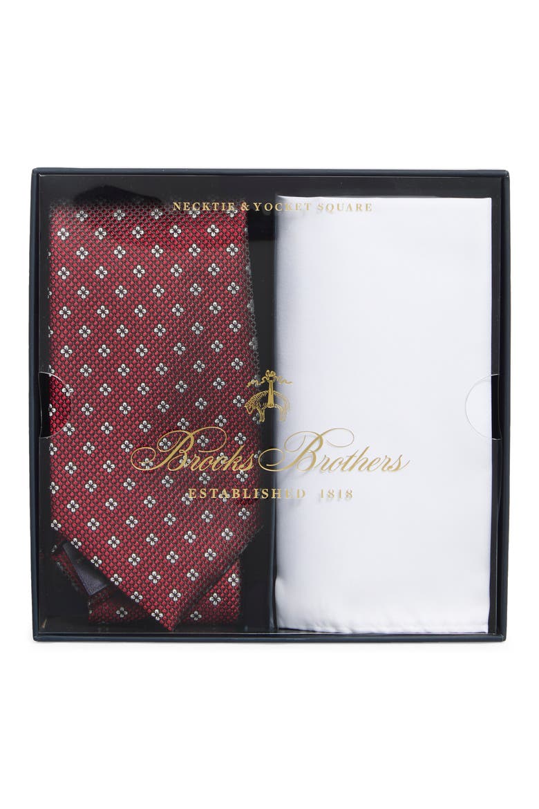 Flower Print Tie & Pocket Square Set, Main, color, RED