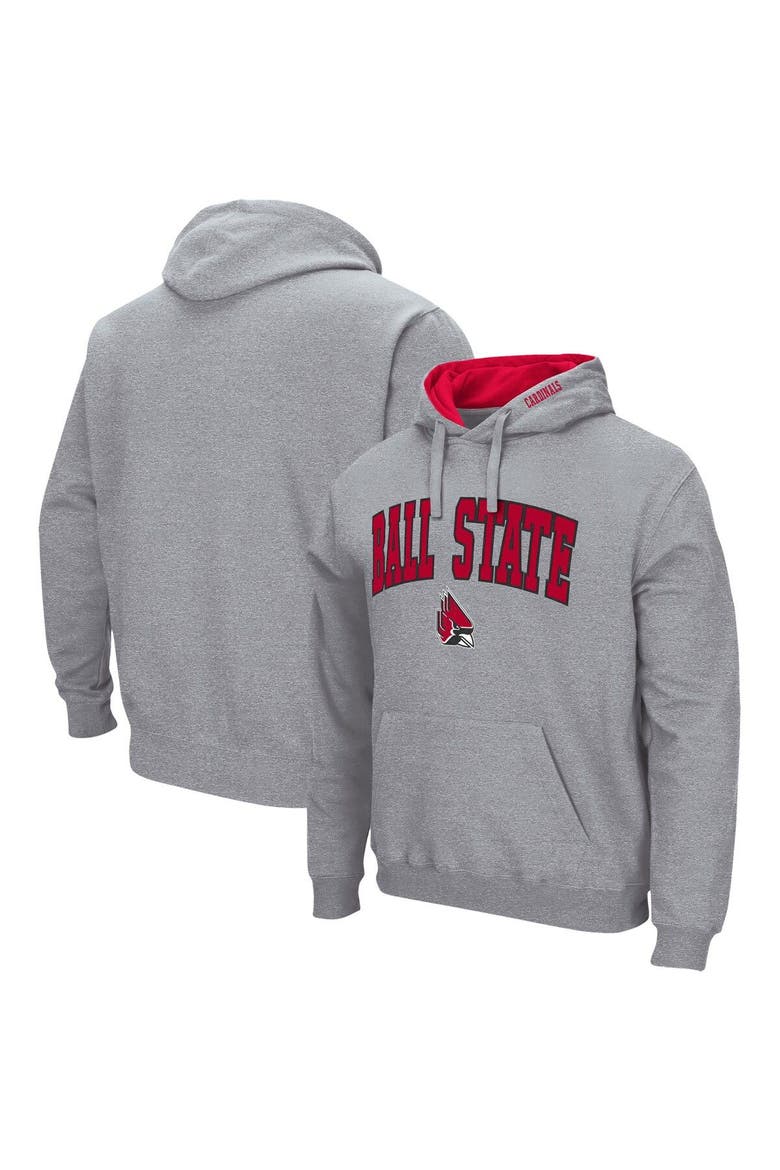 Men's Colosseum Heathered Gray Ball State Cardinals Arch & Logo 3.0 Pullover Hoodie, Main, color, Heather Gray